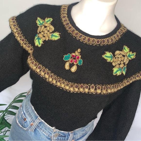 v i n t a g e :: Silk Angora Pearl Embroidered Knit Holiday Sweater - Picture 8 of 13